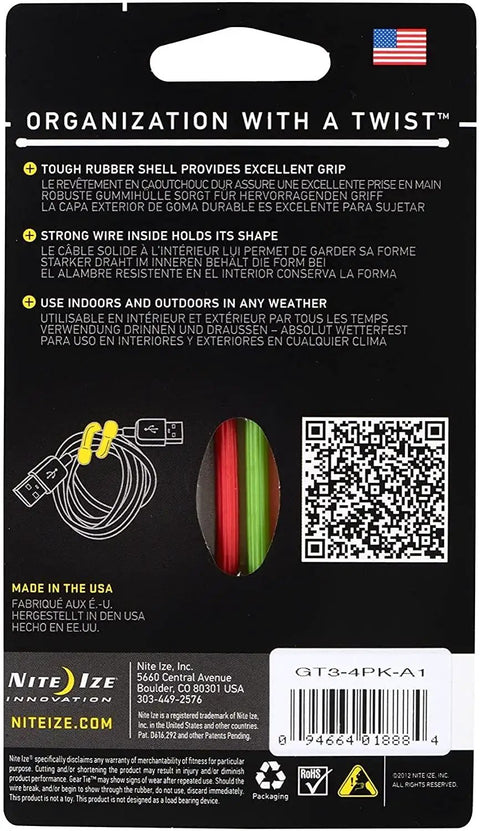 Back packaging of Two Pack Gear Tie Reusable 3 Inch Rubber Twist Ties With Assorted Colors showing product features and QR code
