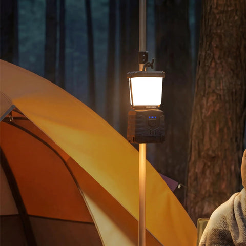 Lit 360 Degree Camping Lantern With 1000 Lumen LED, Four Modes Including Dimmable And Strobe, IPX4 Water Resistant hanging by a tent