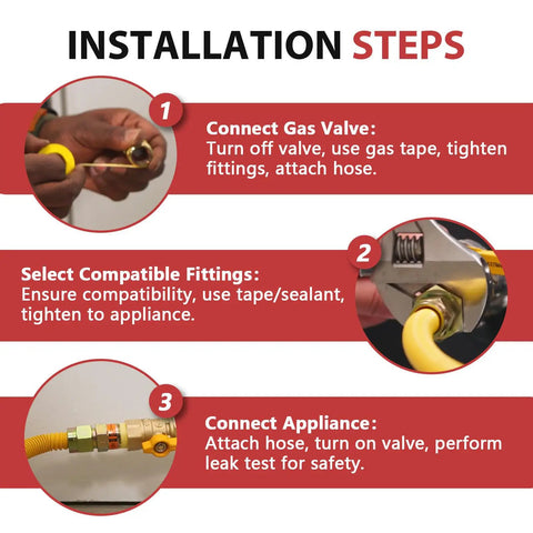 Installation steps for Heavy Duty 18 Inch Gas Hose Connector With One Inch Outer Diameter And Three Quarter Inch FIP To Three Quarter Inch FIP Fittings Yellow Coated Stainless Steel For Tankless Water Heaters And Gas Appliances Epoxy Shielded Leak Proof Supply Line