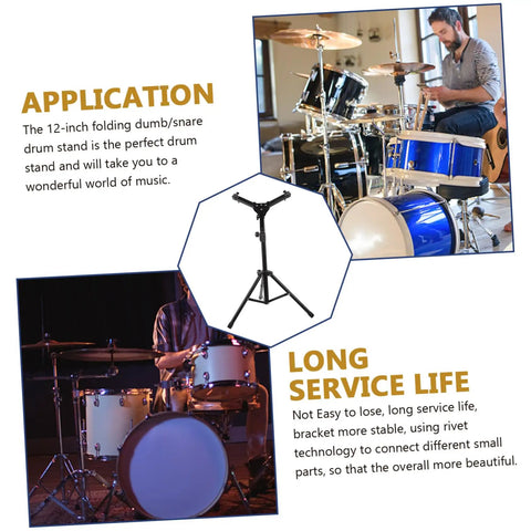 Slick Folding Snare Drum Stand With Adjustable Height Tripod Design, lightweight alloy build, shown in use with drum kit.