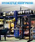 Heavy Duty 20 Ton Hydraulic Shop Press With Adjustable H Frame And Steel Press Plates floor mounted in a busy garage.