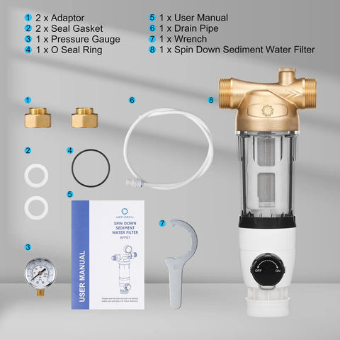 Super Sleek 40 Micron Kickass Spin Down Water Filter And Self Cleaning Backwash Valve includes adaptors and user manual.
