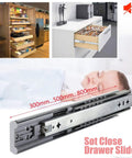 Beefy Soft Close Full Extension Drawer Slides With Ball Bearings Side Mount 650mm 26 Inch 2 Pack displayed with shelving and drawers