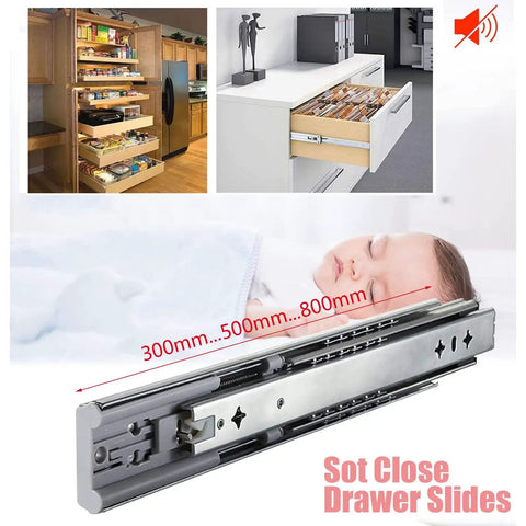 Beefy Soft Close Full Extension Drawer Slides With Ball Bearings Side Mount 650mm 26 Inch 2 Pack displayed with shelving and drawers