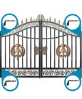 Skelang 5/8 in J-bolt gate hinge pair, heavy-duty adjustable barrel hinge shown on ornate black wrought-iron driveway gate