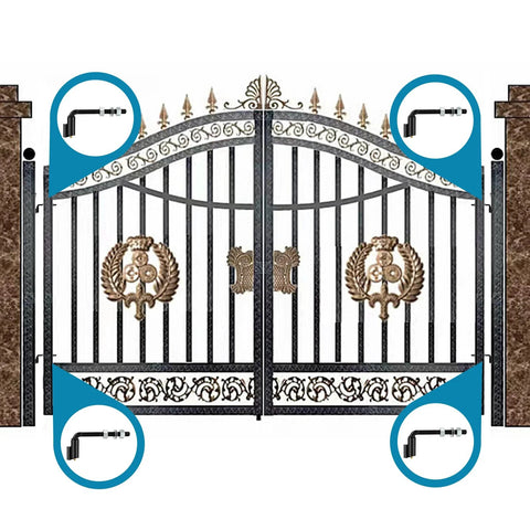 Skelang 5/8 in J-bolt gate hinge pair, heavy-duty adjustable barrel hinge shown on ornate black wrought-iron driveway gate