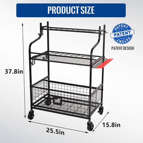 Deluxe Tower Garden Tool Organizer With Wheels For Garage And Shed, Heavy Duty Yard Tool Rack, steel frame, 37.8 in height