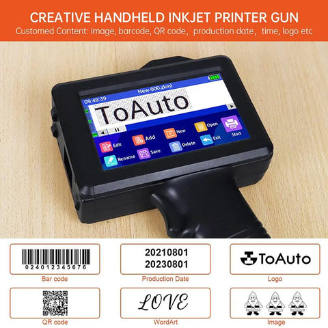 Heavy Duty Portable Handheld Inkjet Printer Gun With Smooth 5.6 Inch Touch Screen, showing barcode and logo display.