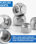 Close-up of 45 Pack 3/8-16 Nylon Lock Nuts in 304 Stainless Steel A2-70, highlighting vibration resistance and nylon inserts