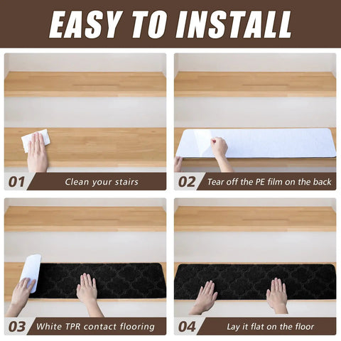 Installation steps for Non Slip Stair Tread Carpet Set Of 15 For Wooden Steps Indoor Outdoor Mats 8x30 Black, adhesive backing