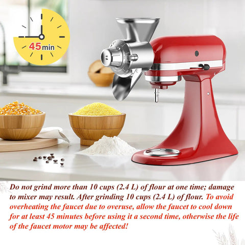 Adjustable Grain Mill Attachment For Stand Mixer, From Coarse Cracked Grains To Ultra Fine Flour, installed on red mixer