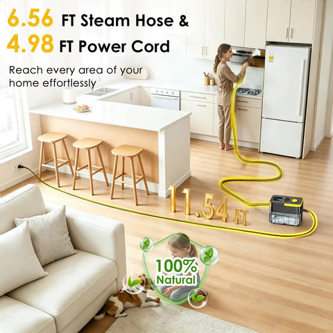Huitine Portable Steam Cleaner With 1.9 Qt Tank delivers high temp steam in a modern kitchen with an 11.54 ft reach.