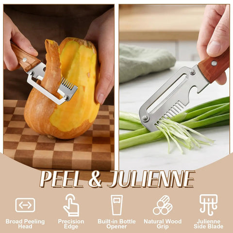 All In One Vegetable Peeler With Wooden Handle And Wide Stainless Steel Blade Perfect For Potatoes And Carrots in use on vegetables