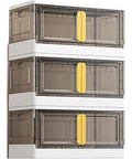 Heavy Duty 17.4 Gallon Lidded Storage Bins Stackable And Collapsible Set Of Three with clear lids and yellow handles.
