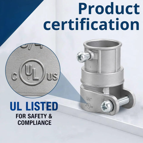 Three Quarter Inch EMT To Flex Squeeze Combination Coupling Set Five Durable Zinc Die Cast With Set Screw Locking For Vibration Resistance And Rust Proof Performance In Dry Or Damp Applications. UL listed 3/4 in zinc die-cast conduit coupling