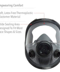 Front view of full facepiece respirator made of thermoplastic elastomer, showcasing wide sealing area. Focus keyword: Full Facepiece Respirator For Tough Jobs Niosh Approved Small Size With Built In Versatility Compatible With Cartridges And Filters For Dust Fumes Mists Organic Vapors And Gases On Job Sites.