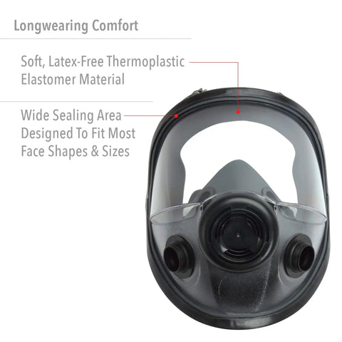 Front view of full facepiece respirator made of thermoplastic elastomer, showcasing wide sealing area. Focus keyword: Full Facepiece Respirator For Tough Jobs Niosh Approved Small Size With Built In Versatility Compatible With Cartridges And Filters For Dust Fumes Mists Organic Vapors And Gases On Job Sites.