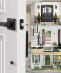 Matte Black Front Door Handle Set With Single Cylinder Exterior Entry Lever Reversible For Right Or Left Handed Doors Built Tough Zinc Alloy Build Durable Electroplated Finish Easy Install, shown on a white door with multiple home entry styles.