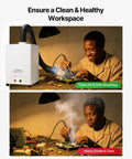 A person soldering electronics with and without D5 Laser Engraver Air Purifier Air purifier showing clean air and heavy smoke conditions.