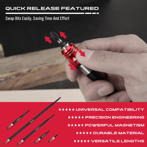 Hand holding Five Piece Extra Long Magnetic Screwdriver Bit Holders Set With Two Inch Four Inch Six Inch Twelve Inch And Seventeen Inch Lengths