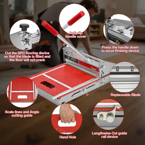 10 Mm All In One Vinyl Cutter Pro Floor Cutting Tool Ready Out Of The Box With A Heavy Duty One Piece Base No Assembly Ultra Rigidity For Clean Precise Vinyl Floor Cuts And Fast Hassle Free Projects. SPC vinyl cutter with red handle and one-piece base