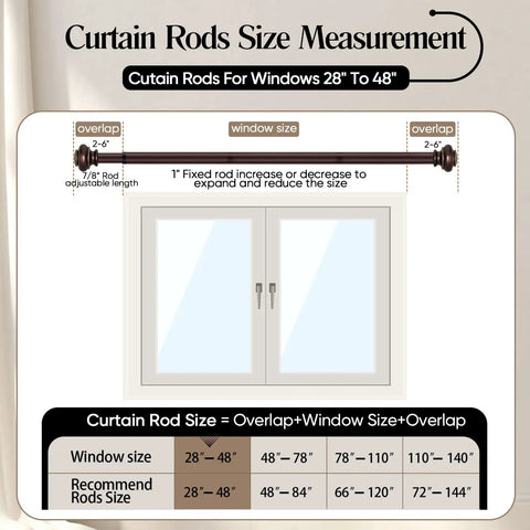 Diagram showing curtain rod size measurement with a bronze heavy-duty curtain rods set 28 to 48 inches with classic finials.