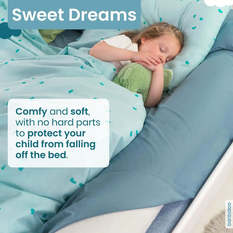 Child sleeping beside Two Pack 53 Inch Foam Bed Bumpers For Toddlers Easy Install Portable Safe Rail Guards For Queen King Twin Full Beds Travel And Home Use Lightweight Durable.