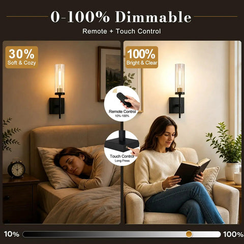 Plug And Play Wireless Wall Sconces With Smart Remote Control And Massive 10000Mah Battery Dimmable Rechargeable Lighting set showcasing 30% and 100% brightness options.