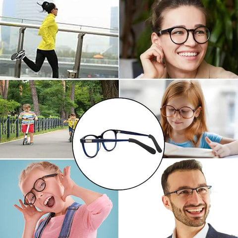 Soft Knitting Cotton Glasses Ear Cushions For Ultra Comfy Wear With Anti Slip Elastic Grips Eyewear Temples Retainer Sleeve And Tips Great For Glasses Sunglasses And Reading Eyewear, shown on a variety of people wearing glasses in different settings.