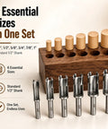 Bulletproof Six Piece Woodworking Dowel Plug Cutter Set For Plowing Through Thick Lumber And Snapping Tenons With Heavy Duty Steel Blades And Solid Wooden Carry Case featuring six steel cutters in various sizes with wooden storage block.