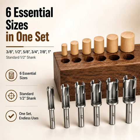Bulletproof Six Piece Woodworking Dowel Plug Cutter Set For Plowing Through Thick Lumber And Snapping Tenons With Heavy Duty Steel Blades And Solid Wooden Carry Case featuring six steel cutters in various sizes with wooden storage block.
