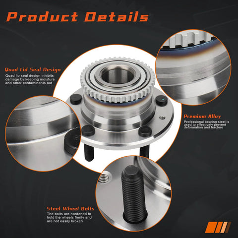 Product details of Rear Wheel Hub And Bearing Assembly For Ford Fusion 2006 To 2012 With Rear Wheel ABS So Your Ride Can Roll Smooth Again Also Fits Mercury Milan 2006 To 2011 Lincoln MKZ 2007 To 2012 Mazda 6 2003 To 2008 Lincoln Zephyr 2006 5 Lug Pair, showing seal design, alloy material, and wheel bolts.