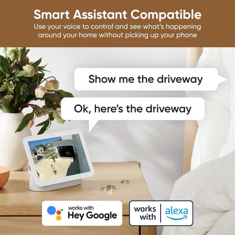 1080P HD WiFi Wired Indoor Outdoor Security Camera With Color Night Vision And 2 Way Audio Motion And Sound Alerts Local MicroSD Recording Alexa And Google Compatible Pet And Baby Monitor IP65 Weatherproof White shown in smart assistant setup