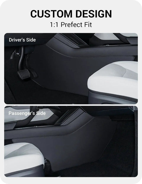 Driver and passenger side Juniper Center Console Side Anti Kick Mats for Tesla Model Y 2025 2026 Refresh installed view.