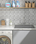 Drop-in stainless steel laundry sink, single bowl, 25x22 inches, 12-in deep, mounted over a washer in a gray-cabinet laundry room.