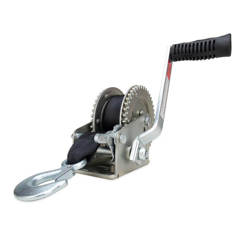 2000lb Manual Boat Trailer Winch with 20 Foot Strap, Two-Way Ratchet and Neutral, Comfort Grip Crank Handle, side view