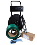 Heavy Duty Pet Strapping Kit With Dispensing Cart, 5/8 Inch By 2300 Feet, showing strap roll, cart, hand tools and seals.