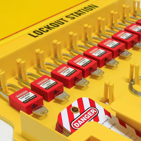 Lockout Tagout Station With Cover For Wall Mount Includes 10 Keyed Padlocks 2 Lockout Hasps 24 Safety Tags, yellow PC plastic