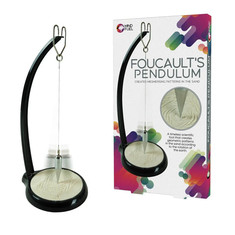 Dope Pendulum Demonstration Kit Reveals Earth's Rotation With Every Swing, Lets You Create Mesmerizing Sand Patterns, And Level Up STEM Skills For Students, Teachers, And Curious Science Geeks. Foucault Pendulum Desk Kit beside colorful packaging, showing pendulum and sand art display.