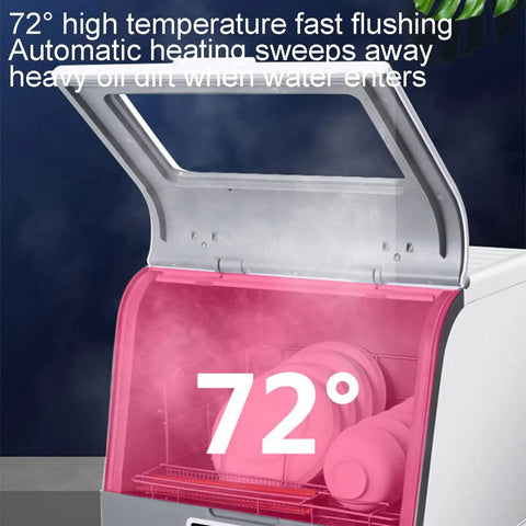 Smooth Operating Countertop Dishwasher Featuring Ultrasonic Deep Scrub Technology And Zero Install Hassle Straight Forward Auto Wash Dry Cycle Rock Solid Build For Apartments Rvs And Campers with visible steam and heated water at 72°.