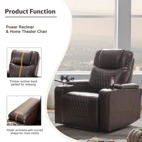 Power Reclining Chair With USB Ports, Cupholders, LED Light in dark brown faux leather, displayed in home setting.