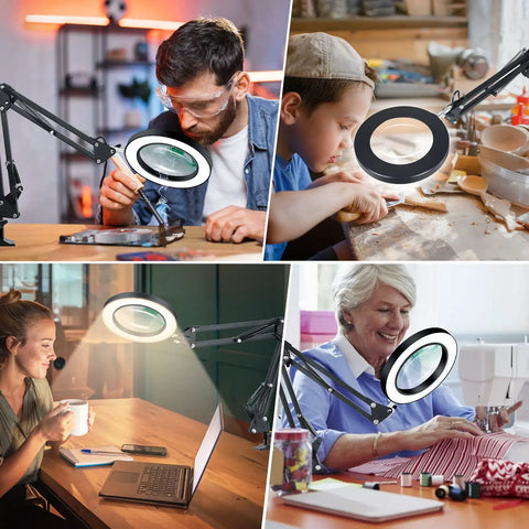 People using LED Magnifying Glass Desk Lamp With Clamp for reading and craft workbench in four different settings