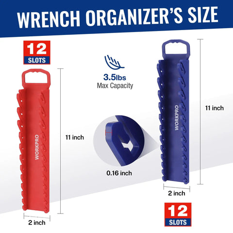 Slick Magnetic Socket And Wrench Organizer Tray Locks Your Gear Down Solid For No Sweat Garage Storage Steel Surface Mount Rack shows red and blue wrench organizers with 12 slots each.