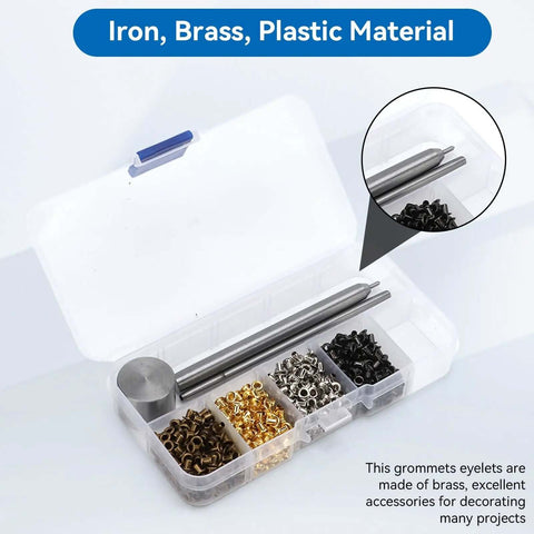 Clear box showing punch pliers, 800-piece set of brass grommets in assorted colors for 2mm Grommet Kit With Punch Pliers Tool And Storage Box