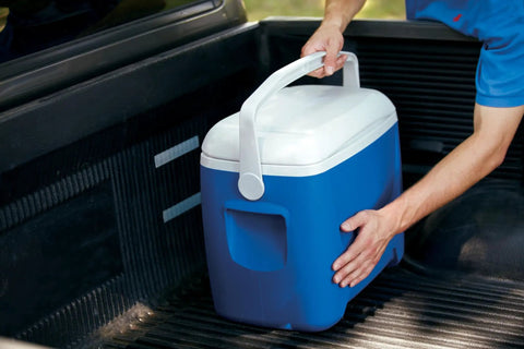 Extreme Interlocking Fasteners 4 Strips 1x3 Inches used to secure cooler in vehicle bed, showing durability and fastening capability.