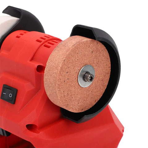 Hamwesh Mini Bench Grinder 18V Cordless Polisher 5500rpm showing red body and polishing wheel for sharpening metal and wood.
