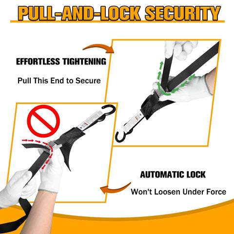 Pull-and-lock security of 1 Inch By 10 Foot Motorcycle Tie Down Straps With Cam Buckle Quick Release, showing tightening detail