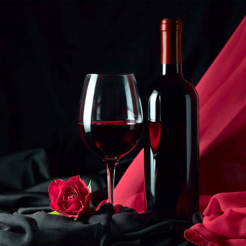Top Shelf Setup Featuring 120 Natural Wine Bottle Corks Paired With 120 Heat Shrink Capsule Seals Great For Smooth DIY Crafts And Ornament Projects With Fresh Decor - Image of red wine bottle, glass, and rose.