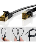 Flat Cat7 Ethernet Cable 2 Pack 8 Ft Ultra Slim Shielded Patch Cord Delivers 10Gbps Speed and 600MHz Bandwidth for PS5 Gaming PC Router Modem and More With 25 Cable Clips Tangle Free High Speed Internet, shown with close-up of cable connectors and tangle-free design.