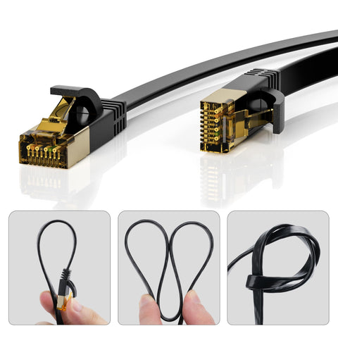 Flat Cat7 Ethernet Cable 2 Pack 8 Ft Ultra Slim Shielded Patch Cord Delivers 10Gbps Speed and 600MHz Bandwidth for PS5 Gaming PC Router Modem and More With 25 Cable Clips Tangle Free High Speed Internet, shown with close-up of cable connectors and tangle-free design.